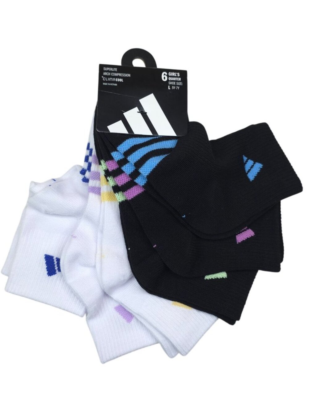 Adidas Girls Superlite Climalite Arch Compression Quarter Socks 6-Pack L (5Y-7Y)
